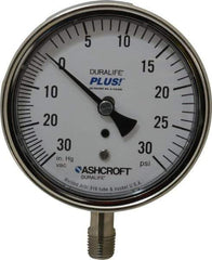 Ashcroft - 3-1/2" Dial, 1/4 Thread, 30-0-30 Scale Range, Pressure Gauge - Lower Connection Mount, Accurate to 1% of Scale - USA Tool & Supply