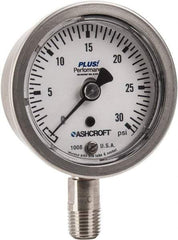 Ashcroft - 2-1/2" Dial, 1/4 Thread, 0-30 Scale Range, Pressure Gauge - Lower Connection Mount, Accurate to 3-2-3% of Scale - USA Tool & Supply