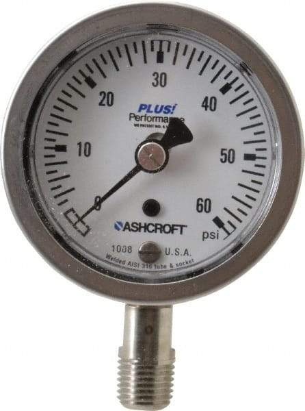 Ashcroft - 2-1/2" Dial, 1/4 Thread, 0-60 Scale Range, Pressure Gauge - Lower Connection Mount, Accurate to 3-2-3% of Scale - USA Tool & Supply