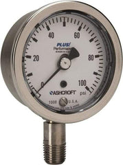 Ashcroft - 2-1/2" Dial, 1/4 Thread, 0-100 Scale Range, Pressure Gauge - Lower Connection Mount, Accurate to 3-2-3% of Scale - USA Tool & Supply