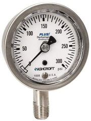 Ashcroft - 2-1/2" Dial, 1/4 Thread, 0-300 Scale Range, Pressure Gauge - Lower Connection Mount, Accurate to 3-2-3% of Scale - USA Tool & Supply