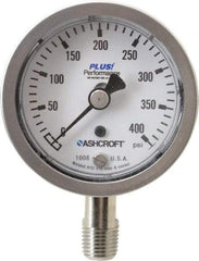 Ashcroft - 2-1/2" Dial, 1/4 Thread, 0-400 Scale Range, Pressure Gauge - Lower Connection Mount, Accurate to 3-2-3% of Scale - USA Tool & Supply