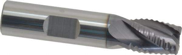 ProMax - 1/2" Diam, Coarse Pitch, 5/8" LOC, 4 Flute Solid Carbide 0.055-0.065" Corner Radius Roughing End Mill - AlTiN Finish, 2-1/2" OAL, 1/2" Shank Diam, Single End, Centercutting, 30° Helix - USA Tool & Supply