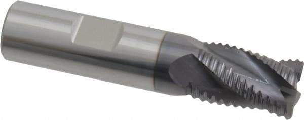 ProMax - 5/8" Diam, Coarse Pitch, 7/8" LOC, 4 Flute Solid Carbide 0.055-0.065" Corner Radius Roughing End Mill - AlTiN Finish, 3" OAL, 5/8" Shank Diam, Single End, Centercutting, 30° Helix - USA Tool & Supply