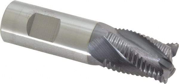 ProMax - 3/4" Diam, Coarse Pitch, 1" LOC, 4 Flute Solid Carbide 0.055-0.065" Corner Radius Roughing End Mill - AlTiN Finish, 3" OAL, 3/4" Shank Diam, Single End, Centercutting, 30° Helix - USA Tool & Supply