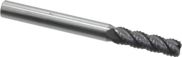 ProMax - 1/4" Diam, Fine Pitch, 3/4" LOC, 4 Flute Solid Carbide 0.04-0.05" Corner Radius Roughing End Mill - AlTiN Finish, 2-1/2" OAL, 1/4" Shank Diam, Single End, Centercutting, 40° Helix - USA Tool & Supply