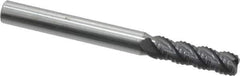 ProMax - 1/4" Diam, Fine Pitch, 3/4" LOC, 4 Flute Solid Carbide 0.04-0.05" Corner Radius Roughing End Mill - AlTiN Finish, 2-1/2" OAL, 1/4" Shank Diam, Single End, Centercutting, 40° Helix - USA Tool & Supply