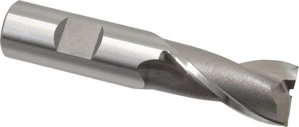 OSG - 20mm, 1-1/2" LOC, 3/4" Shank Diam, 3-3/4" OAL, 2 Flute, Cobalt Square End Mill - Single End, Uncoated, Spiral Flute, 30° Helix, Centercutting, Right Hand Cut, Right Hand Flute, Series 580 - USA Tool & Supply