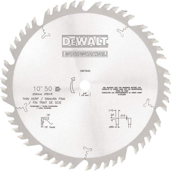 DeWALT - 10" Diam, 5/8" Arbor Hole Diam, 50 Tooth Wet & Dry Cut Saw Blade - Tungsten Carbide-Tipped, Standard Round Arbor - USA Tool & Supply