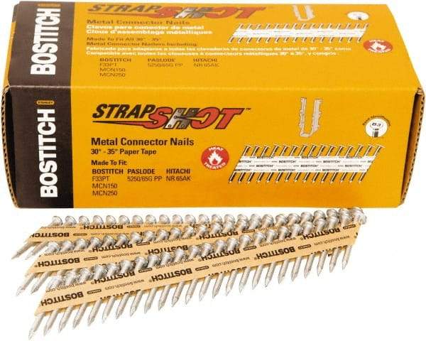 Stanley Bostitch - 16 Gauge 0.0598" Shank Diam 1-1/2" Long Metal Connecting Nails for Power Nailers - Steel, Bright Finish, Smooth Shank, Angled Stick Paper Tape Collation, Round Head - USA Tool & Supply