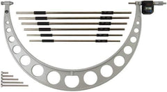 Mitutoyo - 6 Anvil, Electronic, 18 to 24 Inch Range, Carbide Face Interchangeable Anvil Micrometer - Ratchet Stop Thimble, 0.0001 Inch Resolution, 0.000160 0.00016 + 0.00004 (L/3) Inch Accuracy, SR44 Battey, Includes 6 Anvils and Fitted Wooden Case - USA Tool & Supply