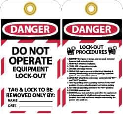 NMC - 3" High x 6" Long, DANGER - DO NOT OPERATE - EQUIPMENT LOCK-OUT - THIS TAG & LOCK TO BE REMOVED ONLY BY:, English Safety & Facility Lockout Tag - Tag Header: Danger, 2 Sides, Black, Red & White Unrippable Vinyl - USA Tool & Supply