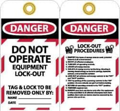 NMC - 3" High x 6" Long, DANGER - DO NOT OPERATE - EQUIPMENT LOCK-OUT - THIS TAG & LOCK TO BE REMOVED ONLY BY:, English Safety & Facility Lockout Tag - Tag Header: Danger, 2 Sides, Black, Red & White Unrippable Vinyl - USA Tool & Supply