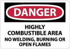 NMC - "Danger - Highly Combustible Area - No Welding, Burning or Open Flames", 10" Long x 14" Wide, Rigid Plastic Safety Sign - Rectangle, 0.05" Thick, Use for Accident Prevention - USA Tool & Supply