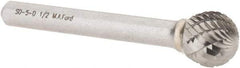 M.A. Ford - 1/2" Cut Diam, 1/4" Shank Diam, Ball Head Double Cut Burr - Carbide, Radius End, 7/16" LOC, 2-7/16" OAL - USA Tool & Supply