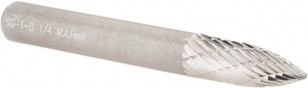 M.A. Ford - 1/4" Cut Diam, 1/4" Shank Diam, Tree Head Double Cut Burr - Carbide, Point End, 5/8" LOC, 2" OAL - USA Tool & Supply