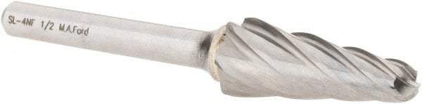 M.A. Ford - 1/2" Cut Diam, 1/4" Shank Diam, Taper Head Single Cut Burr - Carbide, Radius End, 1-3/16" LOC, 3-1/4" OAL - USA Tool & Supply