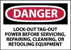 NMC - Accident Prevention Label, Header: DANGER - Legend: Danger - Lock Out, Tag-out Power Before Servicing, Repairing, Cleaning, or Retooling Equipment, English, Red, Black & White, 5" Long x 3" High, Sign Muscle Finish - USA Tool & Supply