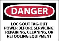 NMC - Accident Prevention Label, Header: DANGER - Legend: Danger - Lock Out, Tag-out Power Before Servicing, Repairing, Cleaning, or Retooling Equipment, English, Red, Black & White, 5" Long x 3" High, Sign Muscle Finish - USA Tool & Supply
