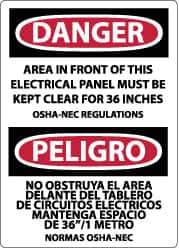 NMC - "Danger - Area in Front of This Electrical Panel Must Be Kept Clear for 36 Inches OSHA-NEC Regulations", 14" Long x 10" Wide, Rigid Plastic Safety Sign - Rectangle, 0.05" Thick, Use for Accident Prevention - USA Tool & Supply