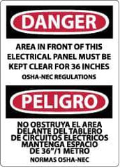 NMC - "Danger - Area in Front of This Electrical Panel Must Be Kept Clear for 36 Inches OSHA-NEC Regulations", 14" Long x 10" Wide, Rigid Plastic Safety Sign - Rectangle, 0.05" Thick, Use for Accident Prevention - USA Tool & Supply