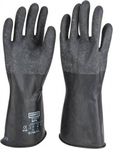 North - Size XL (10), 14" Long, 17 mil Thick, Butyl Chemical Resistant Gloves - Textured Finish, Rolled Cuff, Black - USA Tool & Supply