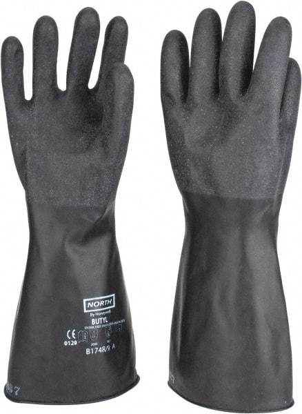 North - Size L (9), 14" Long, 17 mil Thick, Butyl Chemical Resistant Gloves - Textured Finish, Rolled Cuff, Black - USA Tool & Supply