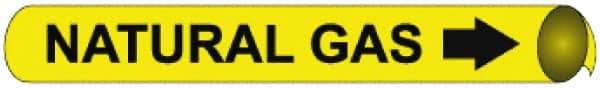 NMC - Pipe Marker with Natural Gas Legend and Arrow Graphic - 1-1/8 to 2-3/8" Pipe Outside Diam, Black on Yellow - USA Tool & Supply