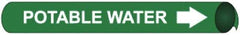NMC - Pipe Marker with Potable Water Legend and Arrow Graphic - 1-1/8 to 2-3/8" Pipe Outside Diam, White on Green - USA Tool & Supply