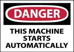 NMC - Accident Prevention Label, Header: DANGER - Legend: Danger - This Machine Starts Automatically, English, Red, Black & White, 5" Long x 3" High, Sign Muscle Finish - USA Tool & Supply