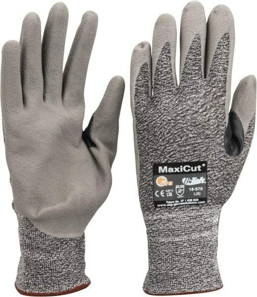 ATG - Size L (9), ANSI Cut Lvl A2, Abrasion Lvl 4, Nitrile Coated Cut Resistant Gloves - Palm & Fingers Coated, Nylon with Glass/Polyester/Lycra Lining, Knit Wrist, Gray/Green, Paired - USA Tool & Supply