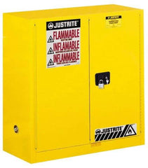 Justrite - 2 Door, 1 Shelf, Yellow Steel Standard Safety Cabinet for Flammable and Combustible Liquids - 44" High x 43" Wide x 18" Deep, Manual Closing Door, 3 Point Key Lock, 30 Gal Capacity - USA Tool & Supply