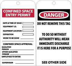 NMC - 3" High x 6" Long, CONFINED SPACE ENTRY LIMIT-CONFINED SPACE APPROVAL, English Safety & Facility Accident Prevention Tag - Tag Header: Danger, 2 Sides, Black & White Unrippable Vinyl - USA Tool & Supply