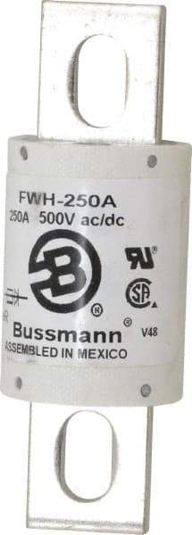 Cooper Bussmann - 500 VAC/VDC, 250 Amp, Fast-Acting Semiconductor/High Speed Fuse - Bolt-on Mount, 4-11/32" OAL, 200 (RMS Symmetrical), 50 at DC kA Rating, 1-1/2" Diam - USA Tool & Supply