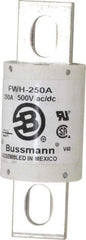 Cooper Bussmann - 500 VAC/VDC, 250 Amp, Fast-Acting Semiconductor/High Speed Fuse - Bolt-on Mount, 4-11/32" OAL, 200 (RMS Symmetrical), 50 at DC kA Rating, 1-1/2" Diam - USA Tool & Supply