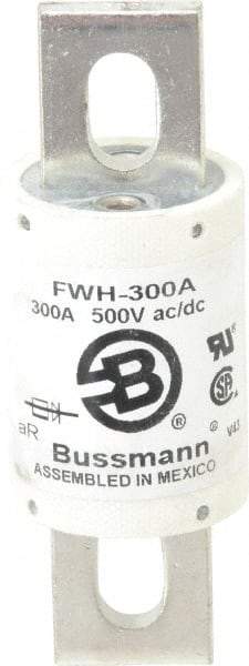 Cooper Bussmann - 500 VAC/VDC, 300 Amp, Fast-Acting Semiconductor/High Speed Fuse - Bolt-on Mount, 4-11/32" OAL, 200 (RMS Symmetrical), 50 at DC kA Rating, 1-1/2" Diam - USA Tool & Supply