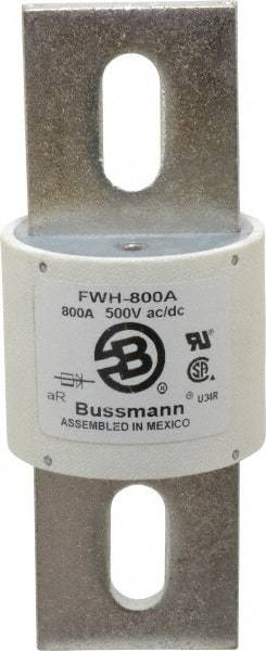 Cooper Bussmann - 500 VAC/VDC, 800 Amp, Fast-Acting Semiconductor/High Speed Fuse - Bolt-on Mount, 6-15/32" OAL, 200 (RMS Symmetrical), 50 at DC kA Rating, 2-1/2" Diam - USA Tool & Supply