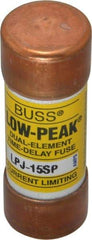 Cooper Bussmann - 300 VDC, 600 VAC, 15 Amp, Time Delay General Purpose Fuse - Fuse Holder Mount, 2-1/4" OAL, 100 at DC, 300 at AC (RMS) kA Rating, 13/16" Diam - USA Tool & Supply