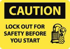 NMC - Accident Prevention Label, Header: CAUTION - Legend: Caution - Lock Out for Safety Before You Start, English, Black & Yellow, 5" Long x 3" High, Sign Muscle Finish - USA Tool & Supply