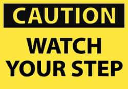 NMC - Accident Prevention Label, Header: CAUTION - Legend: Caution - Watch Your Step, English, Black & Yellow, 5" Long x 3" High, Sign Muscle Finish - USA Tool & Supply