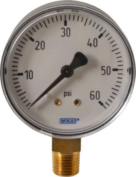 Wika - 2-1/2" Dial, 1/4 Thread, 0-60 Scale Range, Pressure Gauge - Lower Connection Mount, Accurate to 3-2-3% of Scale - USA Tool & Supply