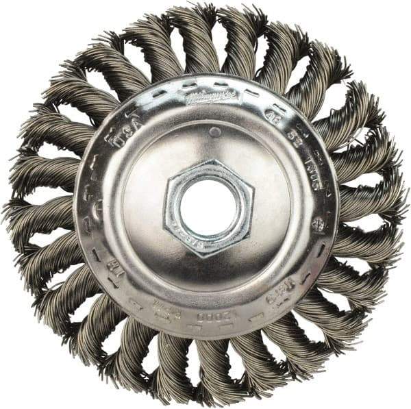 Milwaukee Tool - 4" OD, 5/8" Arbor Hole, Knotted Stainless Steel Wheel Brush - 1/2" Face Width, 3/4" Trim Length, 0.023" Filament Diam, 12,000 RPM - USA Tool & Supply