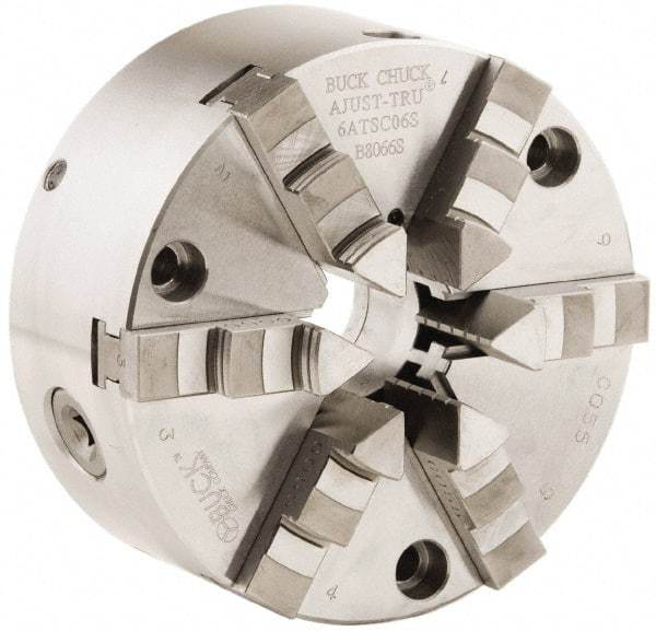 Buck Chuck Company - 6 Jaws, 10" Diam, Self Centering Manual Lathe Chuck - Front Mount, Adjustable, 2,600 Max RPM, 3.23" Through Hole Diam, Forged Steel - USA Tool & Supply