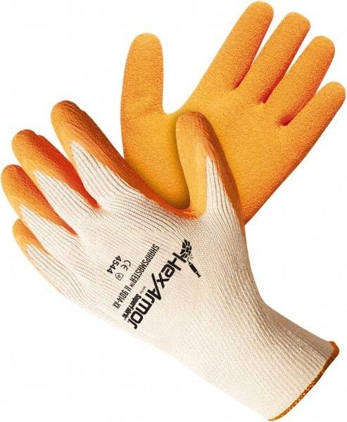 HexArmor - Size M (8), ANSI Cut Lvl A9, Puncture Lvl 5, Natural Rubber Latex Coated Cotton/SuperFabric Cut Resistant Gloves - 10.23" Long, Palm & Knuckles Coated, SuperFabric Lining, Knit Wrist, White/Orange, Paired - USA Tool & Supply