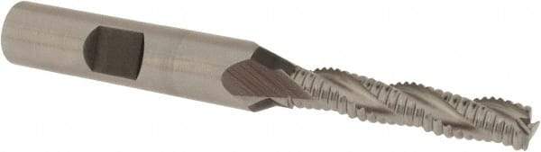 Accupro - 1/4" Diam, Fine Pitch, 1-1/4" LOC, 3 Flute Powdered Metal Corner Chamfer Roughing End Mill - Uncoated, 3-1/16" OAL, 3/8" Shank Diam, Single End, Centercutting, 30° Helix - USA Tool & Supply