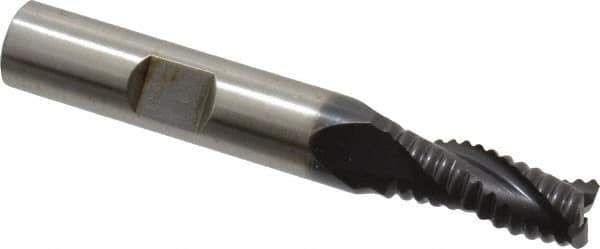 Accupro - 5/16" Diam, Coarse Pitch, 3/4" LOC, 3 Flute Powdered Metal Corner Chamfer Roughing End Mill - TiAlN Finish, 2-1/2" OAL, 3/8" Shank Diam, Single End, Centercutting, 30° Helix - USA Tool & Supply