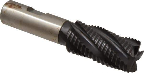 Accupro - 1" Diam, Coarse Pitch, 2" LOC, 5 Flute Powdered Metal Corner Chamfer Roughing End Mill - TiAlN Finish, 4-1/4" OAL, 3/4" Shank Diam, Single End, Centercutting, 30° Helix - USA Tool & Supply