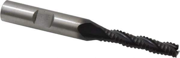 Accupro - 1/4" Diam, Coarse Pitch, 1-1/4" LOC, 3 Flute Powdered Metal Corner Chamfer Roughing End Mill - TiAlN Finish, 3-1/16" OAL, 3/8" Shank Diam, Single End, Centercutting, 30° Helix - USA Tool & Supply