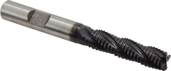 Accupro - 3/8" Diam, Coarse Pitch, 1-1/2" LOC, 4 Flute Powdered Metal Corner Chamfer Roughing End Mill - TiAlN Finish, 3-1/4" OAL, 3/8" Shank Diam, Single End, Centercutting, 30° Helix - USA Tool & Supply
