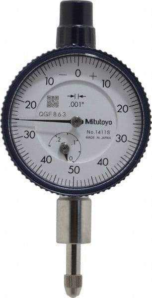 Mitutoyo - 1/4" Range, 0-50-0 Dial Reading, 0.001" Graduation Dial Drop Indicator - 1-5/8" Dial, 0.1" Range per Revolution, 0.001" Accuracy, Revolution Counter - USA Tool & Supply